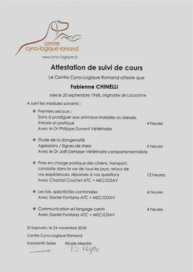 Attestation de suivi de cours du Centre Cyno-Logique Romand (2018)