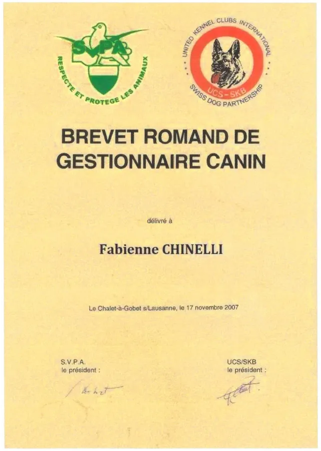 Brevet romand de gestionnaire canin délivré à Fabienne Chinelli (2007)